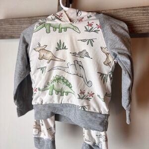 Kids Dinosaur Print Hoodie and Pants Set Gray Sleeve White 18-24m Dino Outfit